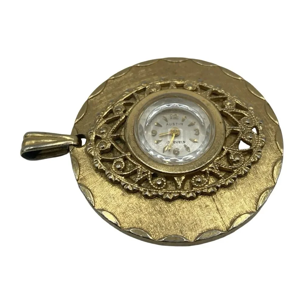 Vintage Austin Pendant Gold Tone Pocket Watch 17 Jewels for Parts or Repair